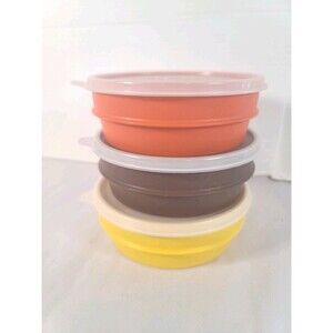 Vintage Tupperware Seal N Serve Bowls Set 3 Lids 1356 Yellow Brown Orange